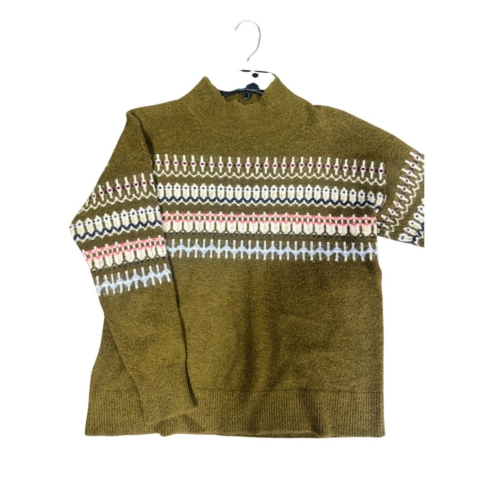 Fat Face Womens Olive Green Fair Isle Multi Print Sweater Sz 10 Mockneck